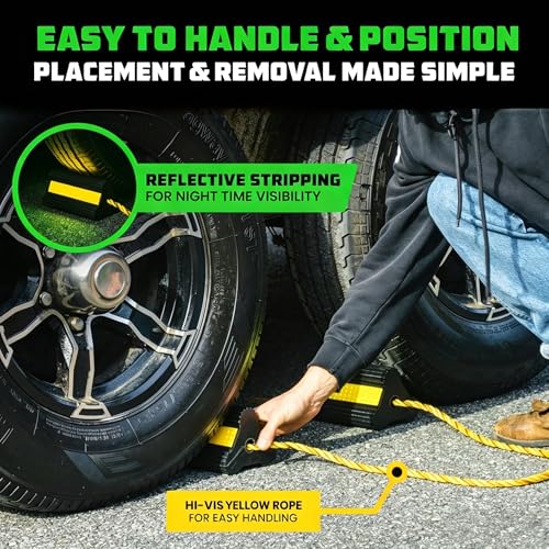 Heavy Duty Rubber Wheel Chocks 2-Pack, Non-Slip Tire Wedges for Trucks, RVs, Trailers – Tri-Point Grip with Reflective Strips & Grab Rope