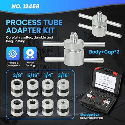 12458 HVAC Process Tube Adapter Kit for 3/16", 1/4", 5/16", 3/8" Copper Tubing, Leak-Free Charging Line Connector, A/C Refrigeration Service Tool with Storage Case
