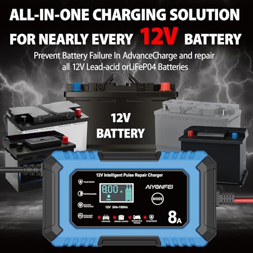 12V Battery Charger 8-Amp Smart Trickle Charger, Blue | Battery Maintainer and Desulfator, Temperature Compensation, for Car, Truck, SUV, Motorcycle, Boat, Lead Acid, LiFePO4 - color: Blue