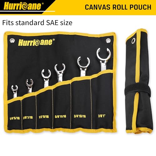 HURRICANE Flare Nut Wrench Set, SAE 6 Piece Brake Line Wrench Set | 1/4 to 1 Inch, 15 Degree Offset Double Open End, Organizer Pouch, Fuel Tube Repair