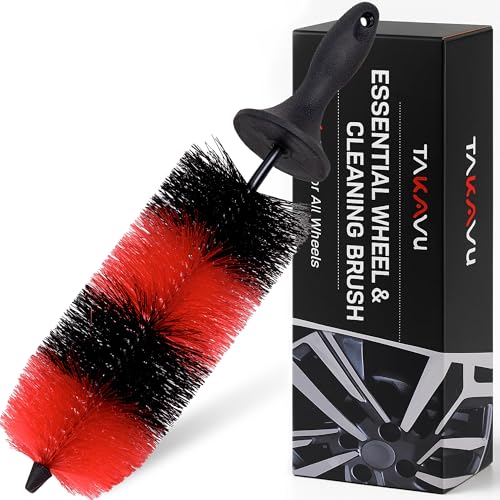 TAKAVU Wheel & Tire Brush, Long Bristle, Built-in Knuckle Guard (Upgraded) | Non-Slip Handle Detailing Brush, Deep Reach Cleans Rims & Brake Dust, Effortless Wheel & Barrel Wash - color: Red & Black - Big Brush