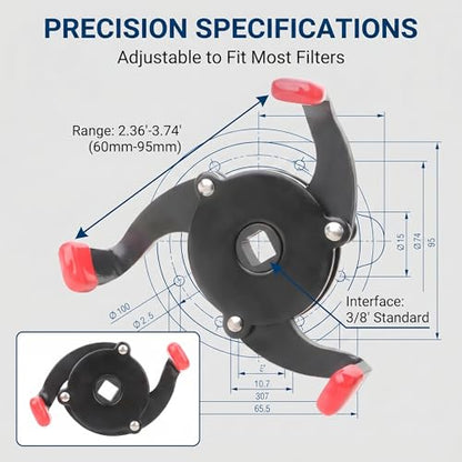 3 Jaw Oil Filter Wrench, Anti-slip One-way Adjustable Oil Filter Removal Tool, Universal 1/4" to 3/8" Drive Adapter for Car and Motorcycle Maintenance (Black)