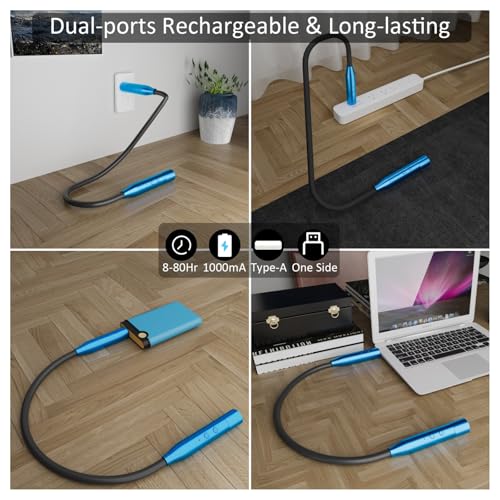 2 Pack Neck Book Lights, 3 Colors & 3 Brightness Levels, Flexible 380° Neck Light Rechargeable, LED Reading Lights for Books in Bed, 80 Hrs Lasting, Perfect for Reading, Knitting, Crafts, Repairs - color: Blue