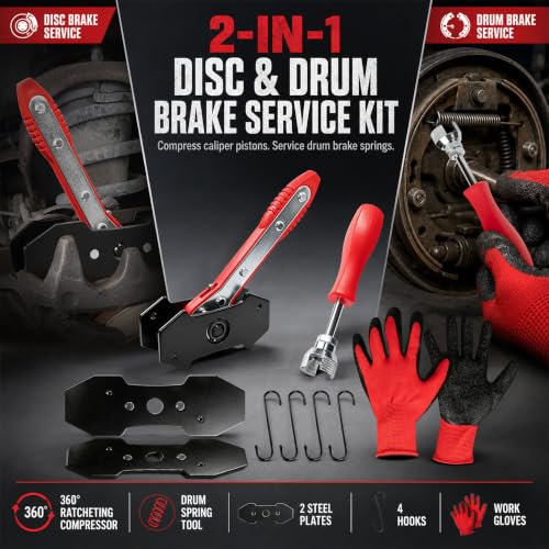 Brake Caliper Compression Tool & Drum Spring Installer | Disc Brake Pad Spreader, Brake Caliper Press Tools, with 2 Steel Plates, 4 Brake Caliper Hooks and Gloves for Cars SUV Trucks
