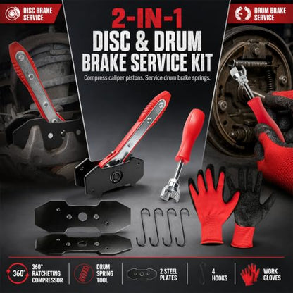 Brake Caliper Compression Tool & Drum Spring Installer | Disc Brake Pad Spreader, Brake Caliper Press Tools, with 2 Steel Plates, 4 Brake Caliper Hooks and Gloves for Cars SUV Trucks