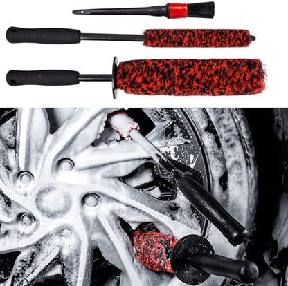 3 Pcs Soft Wheel Brushes for Cleaning Wheels Kit - 1x Synthetic Soft Car Wheel Rim Brush，1x Long Handle Cleaning Brush and 1x Car Detail Brush, Clean Dirty Wheel… - color: Red and Black