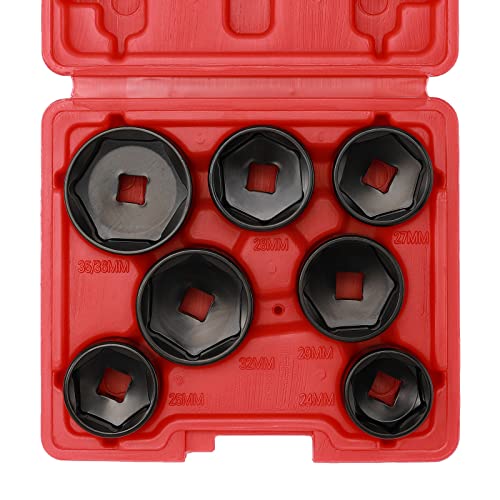 EMENTOL 7PCS 3/8" Drive Low Profile Oil Filter Socket, CR-V, Oil Filter Cap Remover and Installer Tool Set, 24mm, 25mm, 27mm, 28mm, 29mm, 32mm, 36mm, Oil Filter Cap Wrench Tool Kit