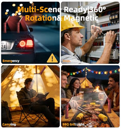 Rechargeable Work Light Flashlight, Tool Fathers Day Dad Gifts for Men Him Husband Grill Light Inspection Lamp with Magnetic Base Hook, 5 Modes 360° Rotate Car Emergency Repair 4 Pack - color: RED 4PCS