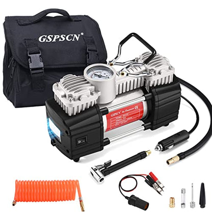 GSPSCN Portable Tire Inflator Heavy Duty Metal 12V Air Compressor Pump | 6X Faster Inflation Double Cylinder 150Psi with Extension Air Hose ,LED Lights Air Pump for Car,SUV,RV,Truck,Balls,Bicycle