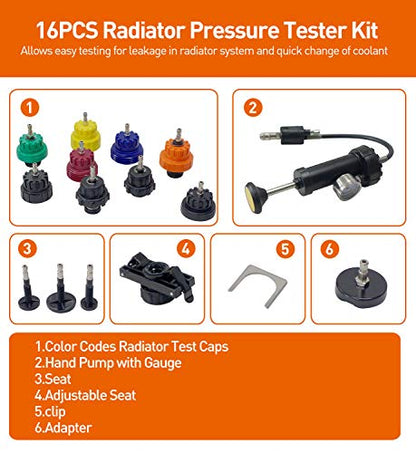 TM15 Radiator Pressure Tester Kit, Automotive Vacuum Cooling System Refill Kit, 16pcs, Made in Taiwan