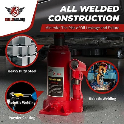BullsArmor Hydraulic Bottle Jack - 8 Ton (16,000 lb) Capacity - Welded Heavy-Duty Design with Extended Pump Handle - Ideal for Cars, Trucks, RVs, and Industrial Use - Red - size: 8 Ton