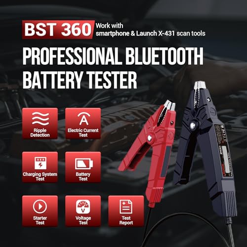 Launch Battery Tester, BST 360 Bluetooth Battery Test Clip, 12V Car Battery Tester with Charging System/Cranking Test, Auto Battery Analyzer for Cars/Trucks/RVs/Motorcycles/Boats