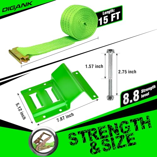 E Track Wheel Chock Tie Down Kit, 2in*15ft Heavy Duty Straps for Car Trailer UTV ATV, Ratchet Tie Downs With Tire Straps (2 Pack)