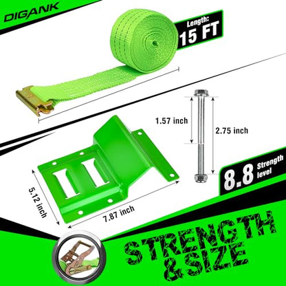 E Track Wheel Chock Tie Down Kit, 2in*15ft Heavy Duty Straps for Car Trailer UTV ATV, Ratchet Tie Downs With Tire Straps (2 Pack)