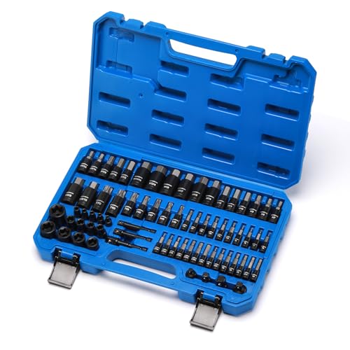 CASOMAN 71-Piece Master Hex & Torx Bit Socket Set, 1/4" & 3/8" & 1/2" Drive, Metric/SAE Hex Bit Sockets, Star Bit Sockets (T6 - T70), E-Torx Sockets (E4 - E24), with Storage Case - size: 66-Piece Torx & Hex Bit Socket Set