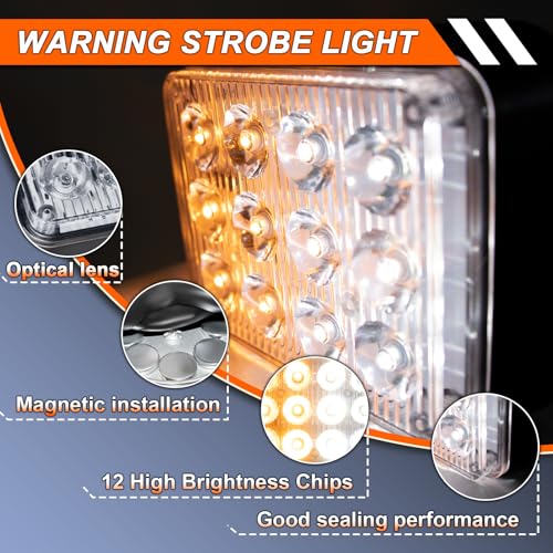 Amber & White 12-LED Strobe Warning Lights 2 Pack | Magnetic Rechargeable Wireless Safety Beacon Lights with Usb Charging for Trucks, Trailers, Construction & Emergency Vehicles