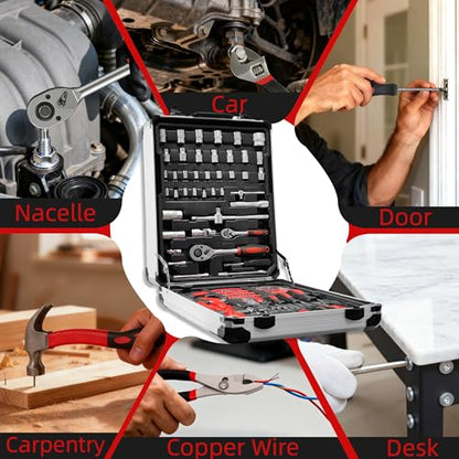 515 PCS General Household Tool Kit Aluminum Trolley Case Tool Set for Men | 4-Drawer Hand Tool Set for Home Repair, Car, Garage, Maintenance, Auto Repair Toolbox with Wheel