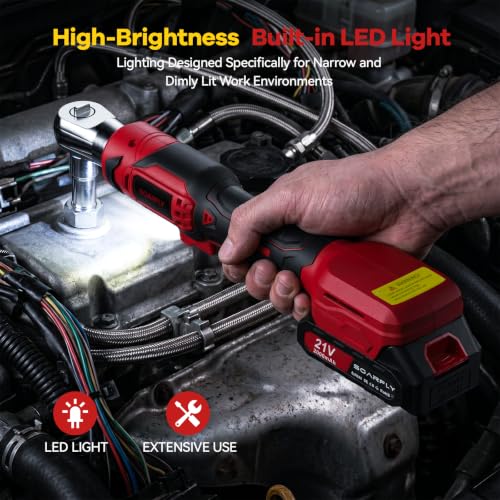 SOARFLY 3/8" Cordless Ratchet Wrench, Power Ratchet Tool Set, 60 Ft-Lbs(80N.m) Electric Ratchet Wrench with 2 * 2000mAh Lithium Batteries, 7 Sockets, LED Light, 1/4" Adapter, 3" Extension Bar - color: Deep Red