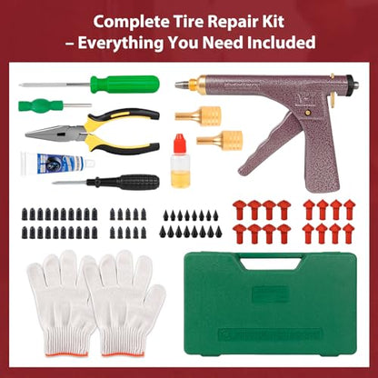Tire Gun Puncture Repair Kit with Mushroom Plug - Complete Tire Plug Kit for Car, Motorcycle, Tractor, SUV, Truck & ATV - Portable Repair Tool Box