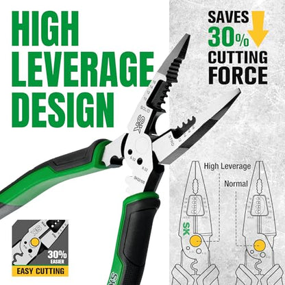 SK 8-Inch Multi-Use Long Nose Pliers, Needle Nose Pliers, 7-IN-1, Ergonomic Anti-slip Handle for Comfortable Grip - style: Multi-Use Long Nose Pliers