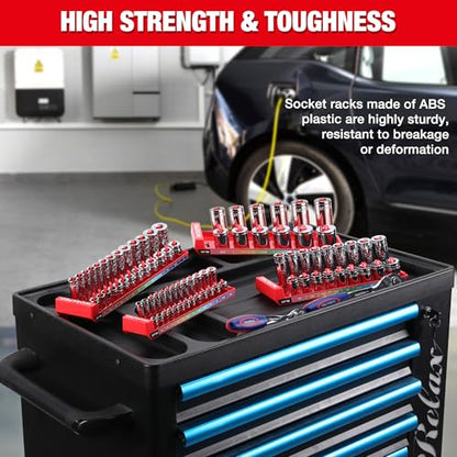 WORKPRO Socket Organizer Set, 4PC 1/4" 3/8" 1/2" Drive SAE Socket Holder | Fits Impact Sockets, Holds 82 Pieces Sockets, Large Capacity, Clear Size Identification, Socket not Included - size: 4 Pieces-1/4", 3/8", & 1/2" DR, SAE