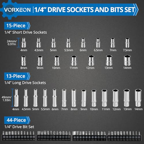 82-Piece 1/4" Drive Sockets with 72-Tooth Ratchet Wrench Set, Metric Shallow and Deep Sockets 4-14mm, 44 Bits, Flex Extension, Universal Joint, Storage Case - size: 82-PCS 1/4" Socket Ratchet Wrench Set