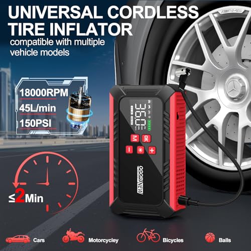 8000A Jump Starter with Air Compressor, 26800mAh Car Battery Jump Starter (All Gas/16.0L Diesel) with 150PSI Auto-Shutoff Tire Inflator, 12V Jump Box with Booster, Jumper Cables, Cigarette Lighter - size: L