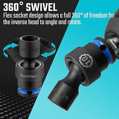 DURATECH 3/8" Drive Impact Universal Joint Socket Set, 16-Piece, 8-24MM | Swivel Socket Set, Metric, Cr-Mo Steel, EVA Foam Organizer - size: 16pc