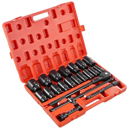 VEVOR Impact Socket Set 3/4 Inches 22 Piece Deep Impact Sockets, 6-Point Sockets, Rugged Construction, CR-V Drive Socket Set Impact SAE 13/16 inch - 2 inch, Includes Carrying Case and Ratchet Handle - style: 3/4" 22PCS