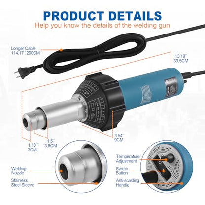 1600W 110V Hot Air Welder Heating Gun, TPO PVC Vinyl Welding Kit with Welding Speed Nozzle Roller Rod Carry Case, 40-600℃ Adjustable Temperature, Handheld Hot Air Torch Plastic Welding Gun - color: 1600w-(w/Case+extra 2 Accessories)