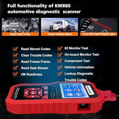 KONNWEI KW880 OBD2 Scanner Full System Car Diagnostic Tool, Code Reader with Check Engine Light Reset, Live Data, DTC Lookup, ABS SRS Tests, Battery Check, OBDII EOBD Scanner for 2002+ Vehicles