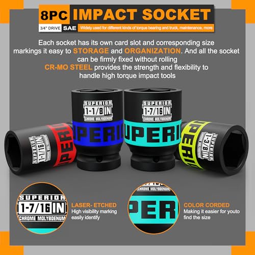 8 Piece 3/4" Drive Impact Socket Set, 1" - 1-1/2" Axle Nut Socket, SAE, 6-Point, Heavy Duty CR-MO, Large Automotive Repairs, Agricultural implement - size: 3/4" Axle SAE