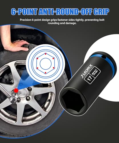 17mm Deep Impact Socket 1/2" Drive CR-MO Steel 6-Point | CR-MO steel impact socket set. 1/2" drive, 6-point design. Deep reach for lug nuts & axle nuts. - size: 17mm