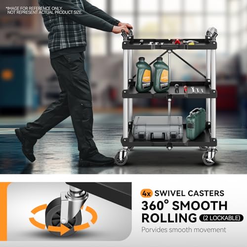 Auto Dynasty 3-Tier Folding Utility Cart with Wheels Lockable, 265LB Heavy Duty Collapsible Service Cart Foldable Rolling Carts for Home, Garage, Warehouses, Restaurants, Workshops - style: Foldable Cart
