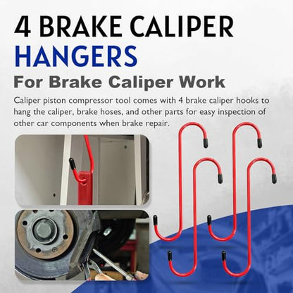 Brake Caliper Compression Tool with Extra 2Pcs Large Plates 1.57"-2.95",Caliper Piston Compressor Tool for Disc Brake Pad Spreader with 4 Brake Caliper Hangers for Single/Twin/Quad Piston - size: Brake Caliper Tool with 4 Caliper Hangers