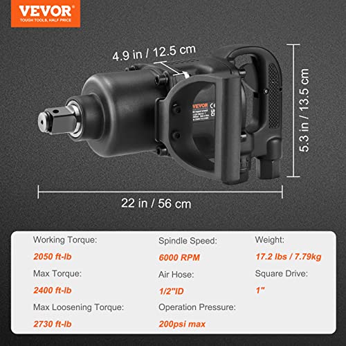 VEVOR 1 Inch Air Impact Wrench, Up to 2730 ft-lbs Reverse Torque Output 1" Pneumatic Impact Gun Lightweight w/ 2 Handles for Heavy Duty Repairs and Maintenance - size: 22*5.3*4.9inches, style: Wrench