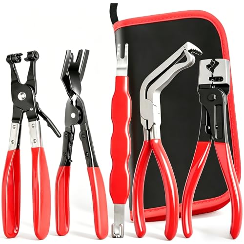 5Pcs Automotive Electrical Disconnect Pliers Kit, Connector Removal Tool, Straight Hose Clamp Plier, Single Ear Clamp Plier, 60° Angled Pliers, 2 in 1 Clip Pliers with Case - color: 5Pcs