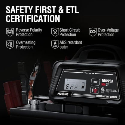 NOONE 10A/20A Smart Battery Charger - 12V/24V Fully Automatic Maintainer | with 50A Engine Start, Winter Mode, and Auto Repair - Car Trickle Charger for AGM, Gel, Deep Cycle & LiFePO4 Batteries