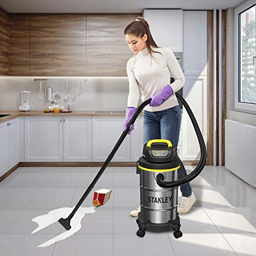 STANLEY Shop Vacuum Wet/Dry, 5 Gallon, 4 Horsepower, Stainless Steel Wet/Dry Vac Silver+Yellow+Black