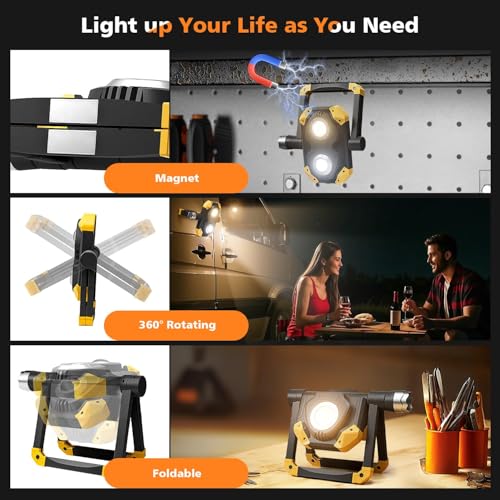 2-Pack 2500LM 3-in-1 Magnetic Rechargeable LED Work Light with Flashlight | 5 Lighting Modes, Strong Magnetic Base, 360° Rotating Foldable Stand for Hands-Free Car Repair, Camping & Emergency
