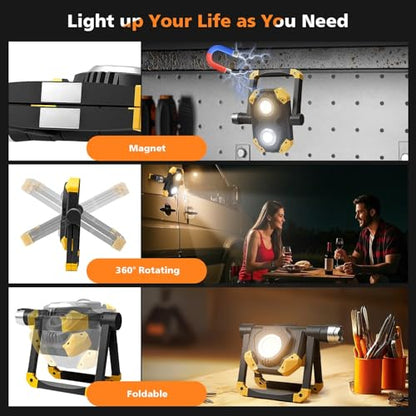 2-Pack 2500LM 3-in-1 Magnetic Rechargeable LED Work Light with Flashlight | 5 Lighting Modes, Strong Magnetic Base, 360° Rotating Foldable Stand for Hands-Free Car Repair, Camping & Emergency