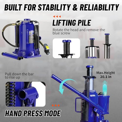 20 Ton Air Hydraulic Bottle Jack with Air-Powered or Manual Operation, One-Piece Hydraulic Cylinder Design, Air Bottle Jack with Carry Handle for Pickup Trucks, Commercial Vehicles, and Farm Equipment - color: Blue