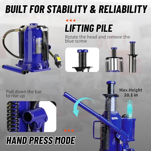 20 Ton Air Hydraulic Bottle Jack with Air-Powered or Manual Operation, One-Piece Hydraulic Cylinder Design, Air Bottle Jack with Carry Handle for Pickup Trucks, Commercial Vehicles, and Farm Equipment - color: Blue