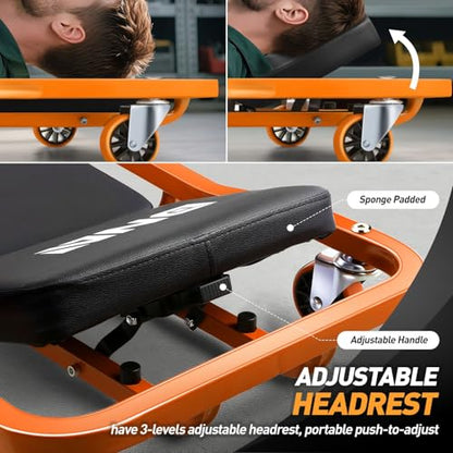 DNA MOTORING TOOLS-00272 Rolling Car Creeper with 3-leves Adjustable Headrest & 6 Casters,300lbs Max Weight Capacity,Orange - color: Orange