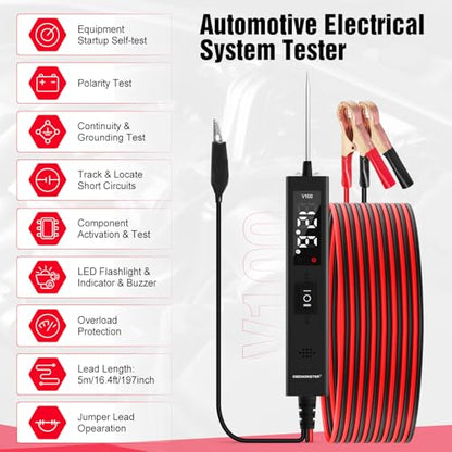 Power Circuit Probe Tester,OBDMONSTER V100 Circuit Tester, 0-80V DC Test Light Automotive Short Circuit Finder, Auto Electrical Circuit Tester, Car Fuse Tester, Automotive Tool（5 Meters） - color: V100-Black