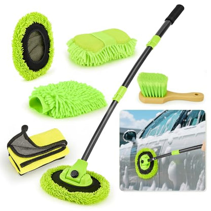 Car Wash Brush with Long Handle - Extendable Car Wash Mop & Sponge | 15° Curved Labor-Saving,Scratch Free Soft Brush,Replacable Head, for Truck SUV Cleaning