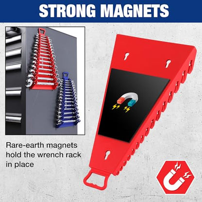 WORKPRO Magnetic Wrench Organizer, 15-Slot Gripper Wrench Holder | 2-Pack Wrench Rack for Tool Box, Fits SAE (1/4" to 1-1/16") and Metric (6mm to 27mm), Flexible Grips, Blue and Red - style: 15-Slots Wrench Organizer(2PC)