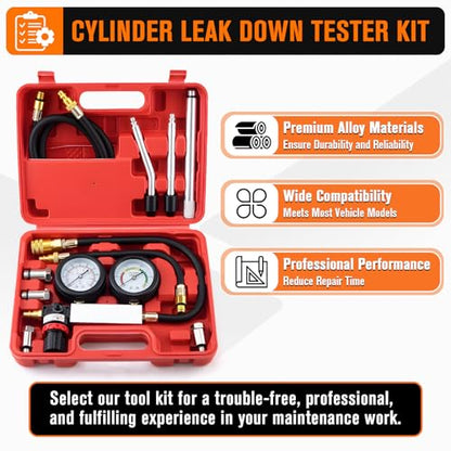 Cylinder Leak Down Tester Kit with Extension Rod for Gasoline Engines – Automotive Compression Leakage Tester for Cars, Trucks, Motorcycles, Pressure Check, Leakage Rate Test