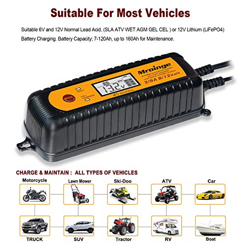 Smart Battery Charger, Mroinge 5A 6V/12V Automatic Battery Charger/Maintainer/Desulfator for Cars, SUVs, Trucks and More, Suitable for Charging Lead-Acid & Lithium (LiFePO4) Batteries