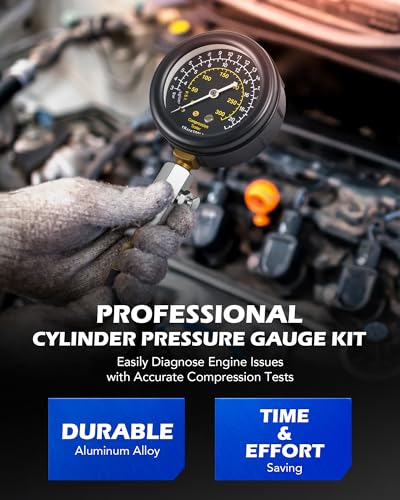 OMT 9pc Gas Cylinder Compression Tester Set with Adjustable Pressure Gauge | Premium Brass Core; Spark Plug Diagnostic Tool; Vehicle Engine Repair; For Garage Mechanics; 4 Universal Steel Adapters
